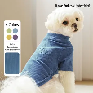 Blue ribbed knit dog sweater with turtleneck and embroidered heart for small pets