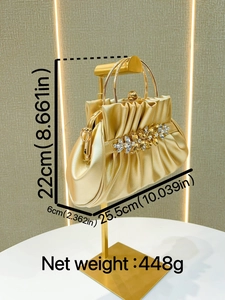 Golden evening clutch with rhinestones and metal handle, sized 25.5cm x 22cm x 6cm