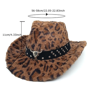 Chapeau de cowboy léopard en peluche avec bande cloutée et motif tête de mort de taureau