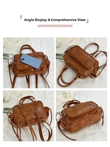 Brown vintage leather backpack with adjustable straps and front zip pocket detail view