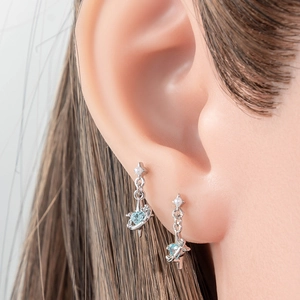 Titanium steel planet earrings with light blue zircon and pearl on model