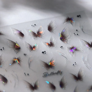 Autocollants ongles papillon 3D avec dégradé noir et effet laser holographique