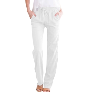 Close-up of drawstring elastic waistband and side pockets on white cotton linen pants