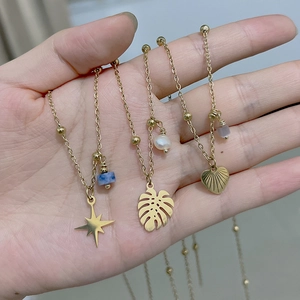 Stainless Steel Necklace Bead Chain Monstera Leaf Star Heart Pendant Artificial Pearl Stone Exquisite French Vintage Women