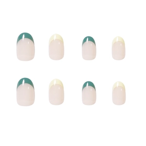 French style olive green and yellow press-on nails with oval shape on white background