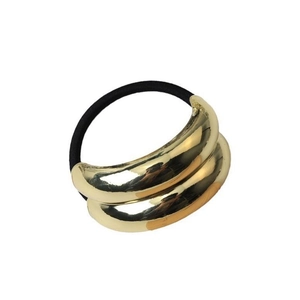 Minimalist oval metallic gold hair tie with high elastic black band for women