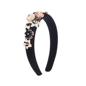 Baroque floral headband with handmade fabric roses and rhinestone jewelry accents