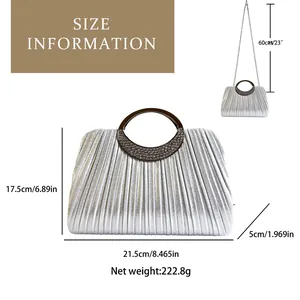 Detailed size information of the evening clutch bag including dimensions and chain length