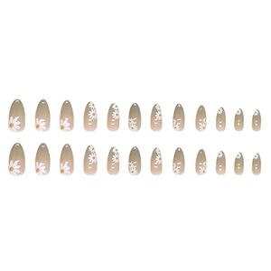 Sweet almond fake nails set with nude green gradient and white daisy floral patterns