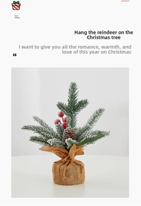 Close-up of mini PE Christmas tree with red berries, pine cone and burlap base