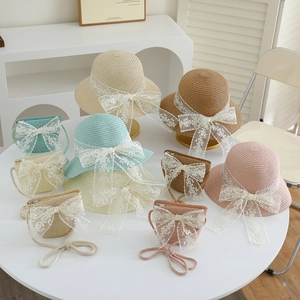 Kids lace bow straw hat and bag set in multiple colors for beach sun protection