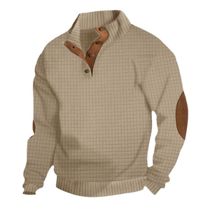 Men's waffle knit quarter-button pullover sweater in khaki with brown elbow patches