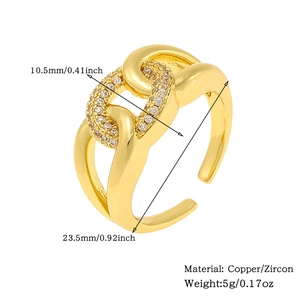 Detailed view of golden double-layered copper and zircon ring with size and weight specs