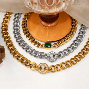 Grobgliedrige Miami Panzerkette Edelstahl 18K Vergoldet Hip Hop Schmuck Strass Kreis Anhänger Unisex