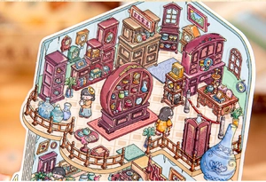 Macro view of 3D scenery sticker showing Chinese style redwood furniture and shop details