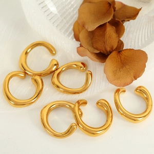 Set of 6 thick C-shaped 18k gold plated stainless steel ear cuffs on white background