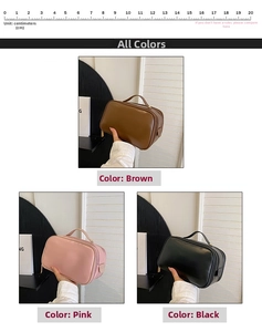 Detail view of portable leather toiletry bags in brown, pink, and black with measurements