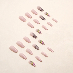 Nude pink ballerina press-on nails set with aurora butterfly and black abstract line art