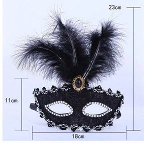 Detailed size chart of black masquerade mask with feathers and sequins on white background