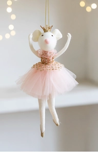 Felt mouse ornament with pink tutu skirt and gold crown for Christmas tree decoration.