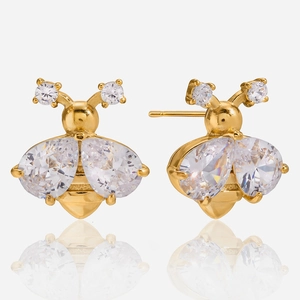 Stainless Steel Bee Stud Earrings For Women Gold Plated Inlaid Rhinestone Animal Shape Fashion Jewelry Waterproof Hypoallergenic Gift