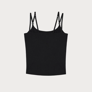 Detail of black ribbed knit camisole featuring vertical texture and adjustable thin straps