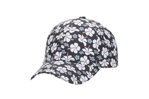 Close-up of white and blue hibiscus floral print on breathable black cotton baseball cap