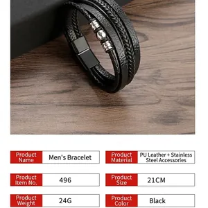 Handmade multilayer black leather woven bracelet for men with steel beads and magnetic clasp