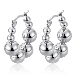 Minimalist silver geometric stainless steel hoop earrings with gradient beaded sphere design