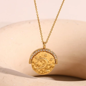 Sun Moon Star Coin Pendant Necklace Stainless Steel 18K Gold Plated Rotatable Rhinestone Jewelry For Women Trendy