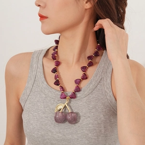 Acrylic purple cherry pendant necklace with glitter beads and gold leaf for women