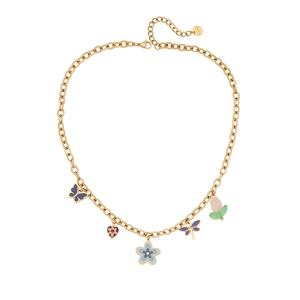 Golden stainless steel necklace featuring colorful flower, butterfly, and heart charms