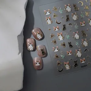 5D Relief Cute Cat Theme Nail Art Stickers Bronzing Gold Silver Egyptian Moon Star Butterfly Waterproof Self-Adhesive Nail Decals Manicure DIY Decor