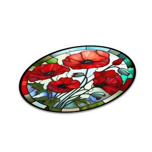 Detail of a round acrylic suncatcher with vibrant red poppy flowers and a blue sky design