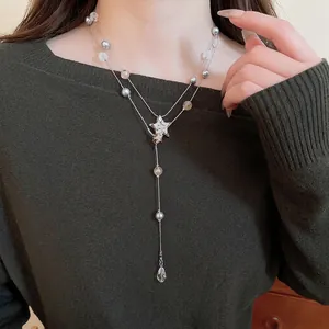 Layered Necklace With Alloy Star Pendant Imitation Artificial Pearl And Water Drop Crystal Trendy Elegant For Women