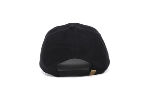 Detail of black cotton baseball cap back with adjustable metal buckle and ventilation eyelets