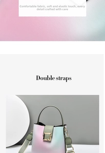 Detail of lychee textured leather and pink-green gradient finish on bucket bag