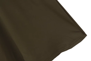 Detailed close-up of double-stitched hem on dark olive green elastic slim fit dress