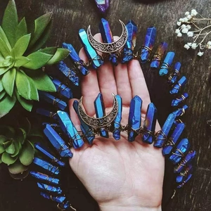 Blue natural crystal moon goddess crown with quartz stones and crescent pendants