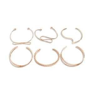 Set of 6 gold irregular geometric twisted open bangles with elegant textured metal design