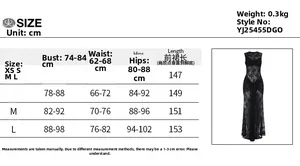 Detailed size chart for lace evening dress including bust waist and hip measurements