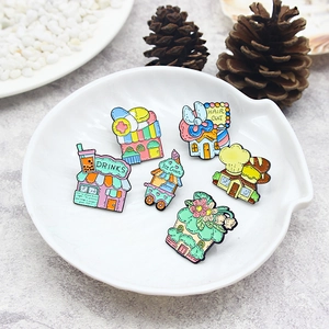 Set of 6 colorful cartoon enamel pins featuring creative shop houses in a white shell dish