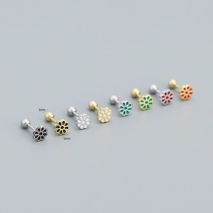 925 Silver flower stud earrings set with colorful enamel petals and 3mm ball back