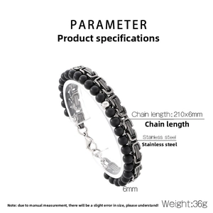 Detail view of 6mm black onyx beads and stainless steel Byzantine chain with dimensions