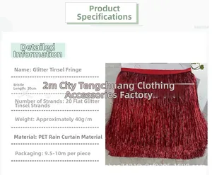 Close-up of 20cm red metallic PET fringe trim with 20-ply glitter tassels for costumes