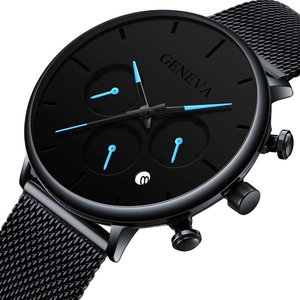 Macro view of men's black mesh watch showing date window and blue luminous hands