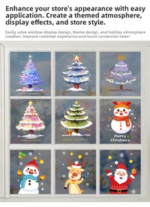 Detailed grid view of 9 Christmas tree window stickers with festive holiday designs