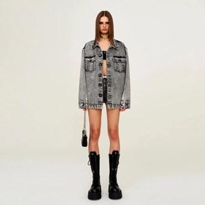 Vintage gray oversized washed denim shirt jacket with cross patterns for a punk style