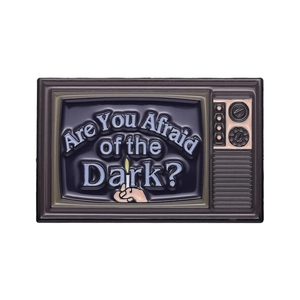 Vintage retro TV enamel pin featuring 'Are You Afraid of the Dark?' horror themed slogan