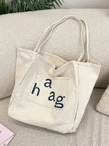 Large Capacity Canvas Tote Bag Cream White Letter Print Shoulder Handbag Casual Commuting Korean Style For Women
